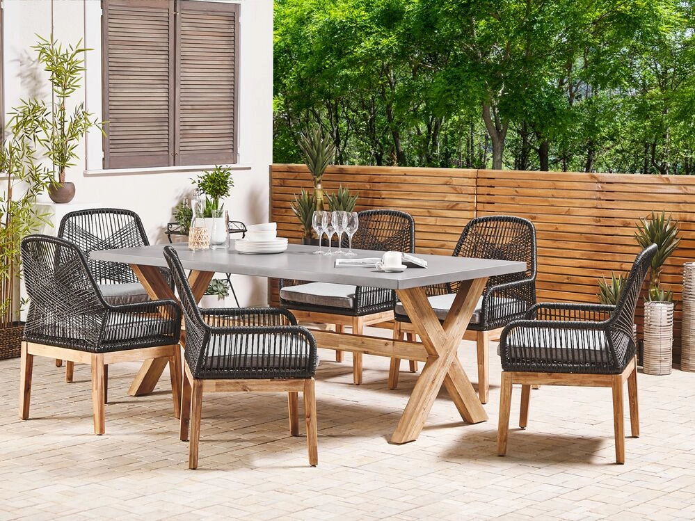 Set da Esterno con Tavolo in Cemento Sintetico Nero e 6 Sedie in Vimini
