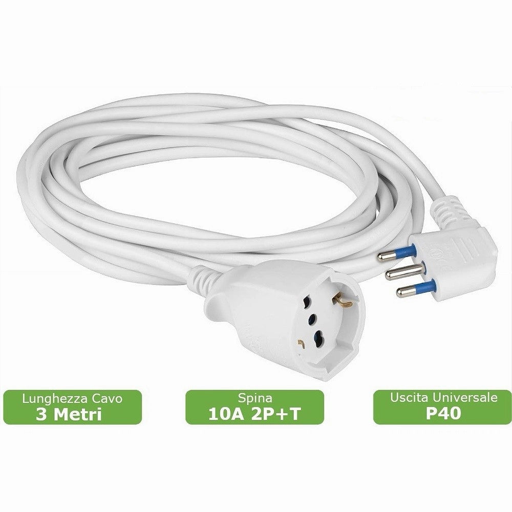 Trade Shop - Cavo Prolunga Con Spina 16a Presa Schuko Bivalente 3 Metri Colore Bianco 83286 -