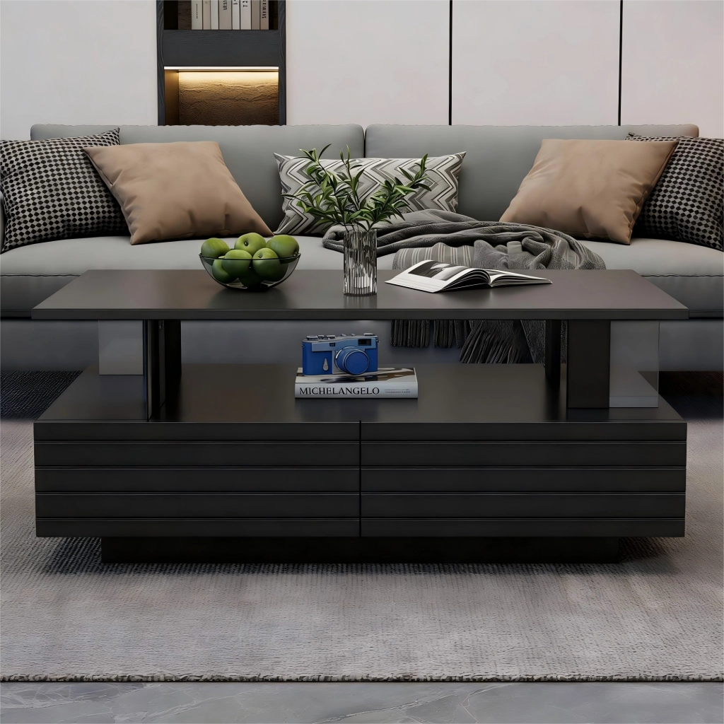 Tavolino da caffè LED nero in acrilico 100x50x42 cm con 2 cassetti