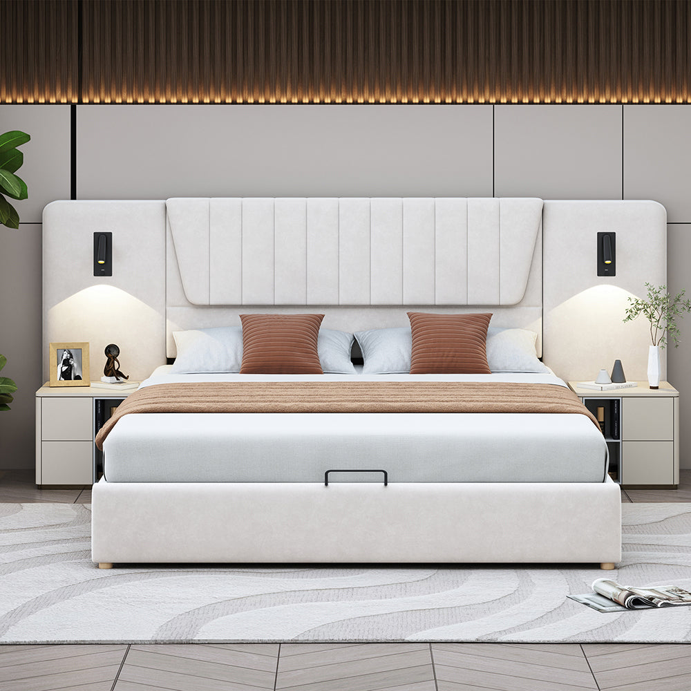 Letto con cassettoni matrimoniale - Xylo - 180x200 cm - Beige - Con luce di lettura e porta USB