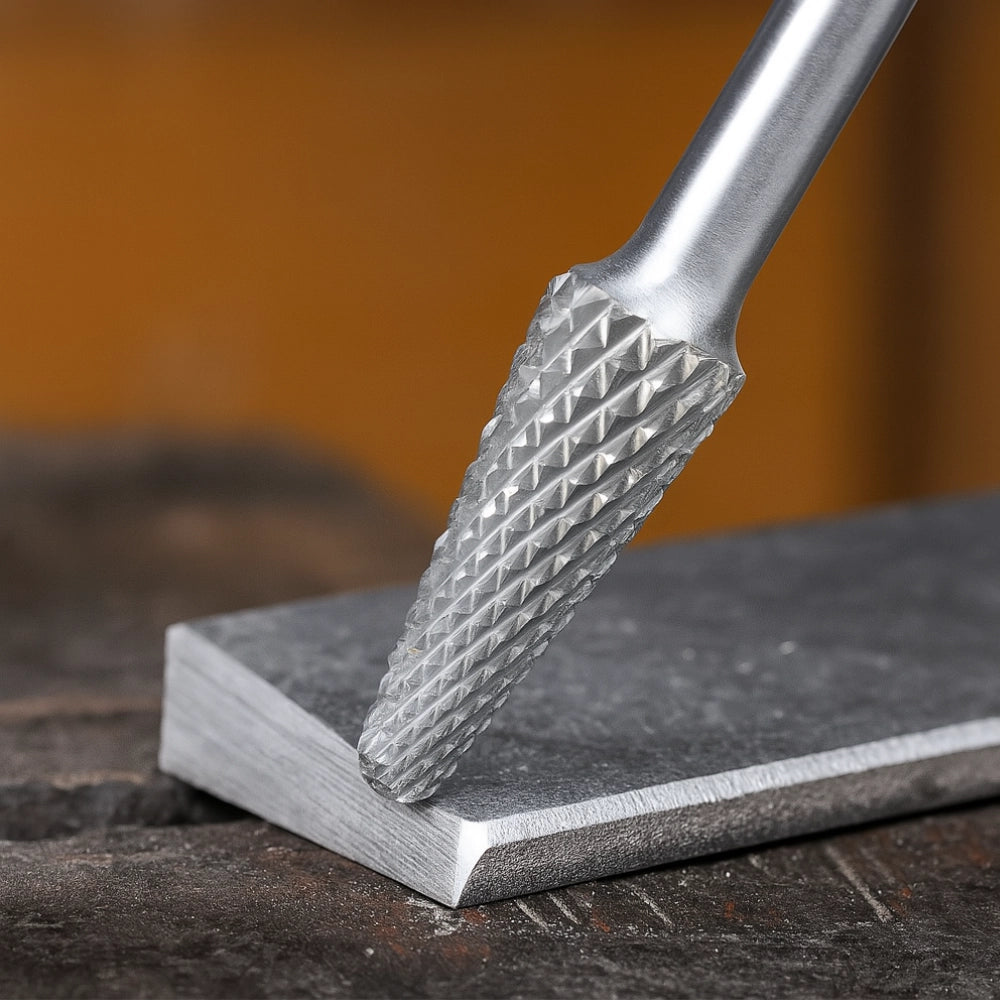 Fresa conica carburo tungsteno testa raggiata fori smussature