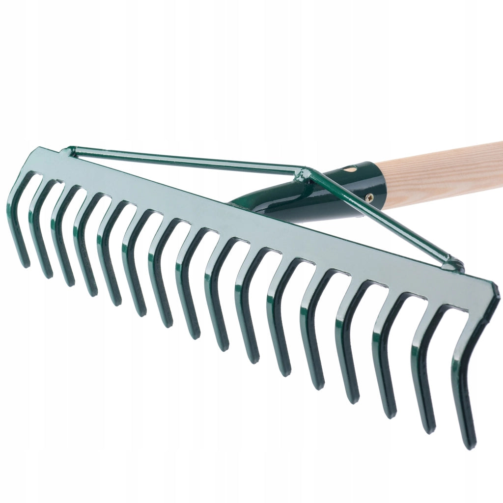 Rastrello per foglie KADAX, per giardino ed erba, con manico in legno, 137 cm, rastrello solido a 16 denti.