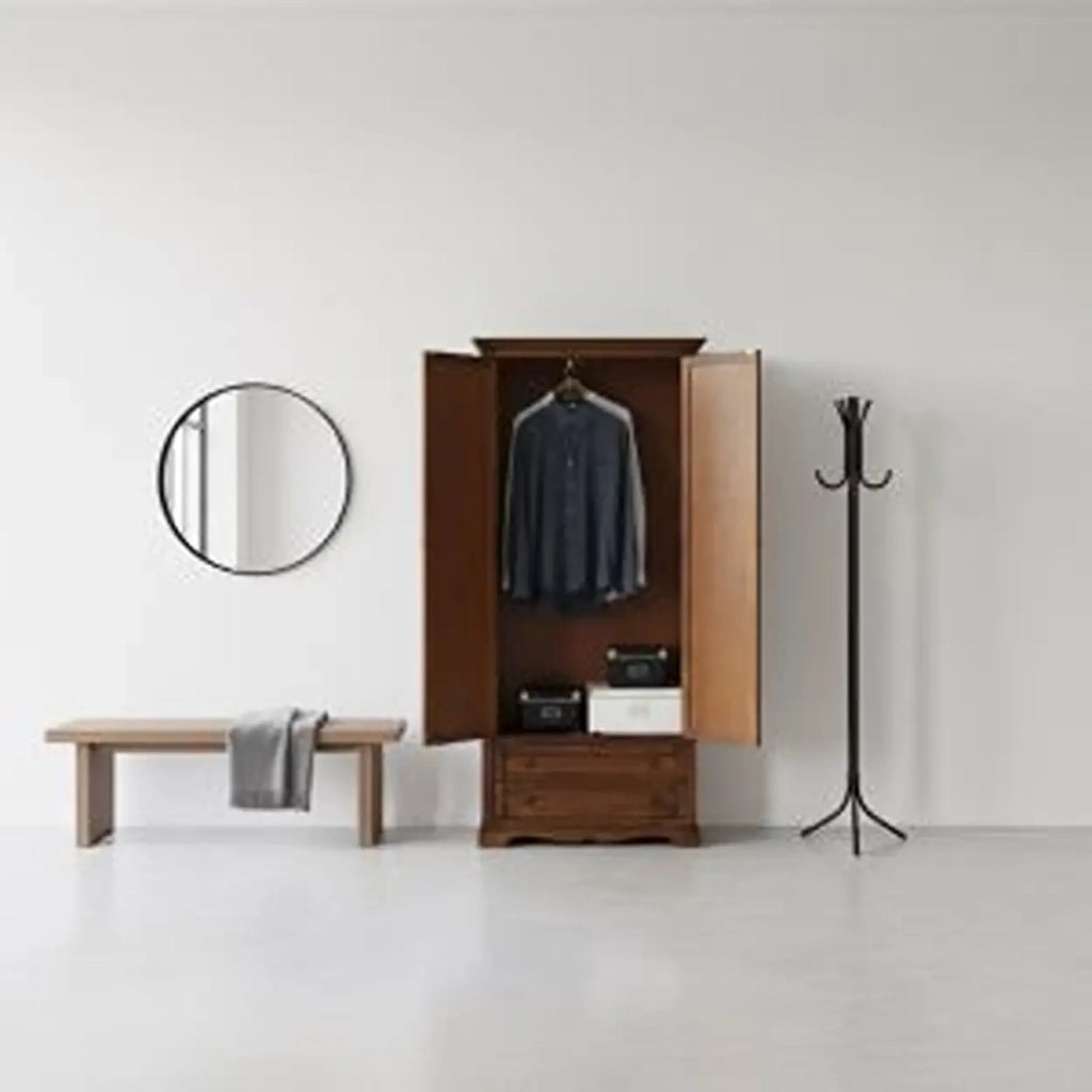 Armadio porta scope in legno arte povera noce scuro con 2 cassetti