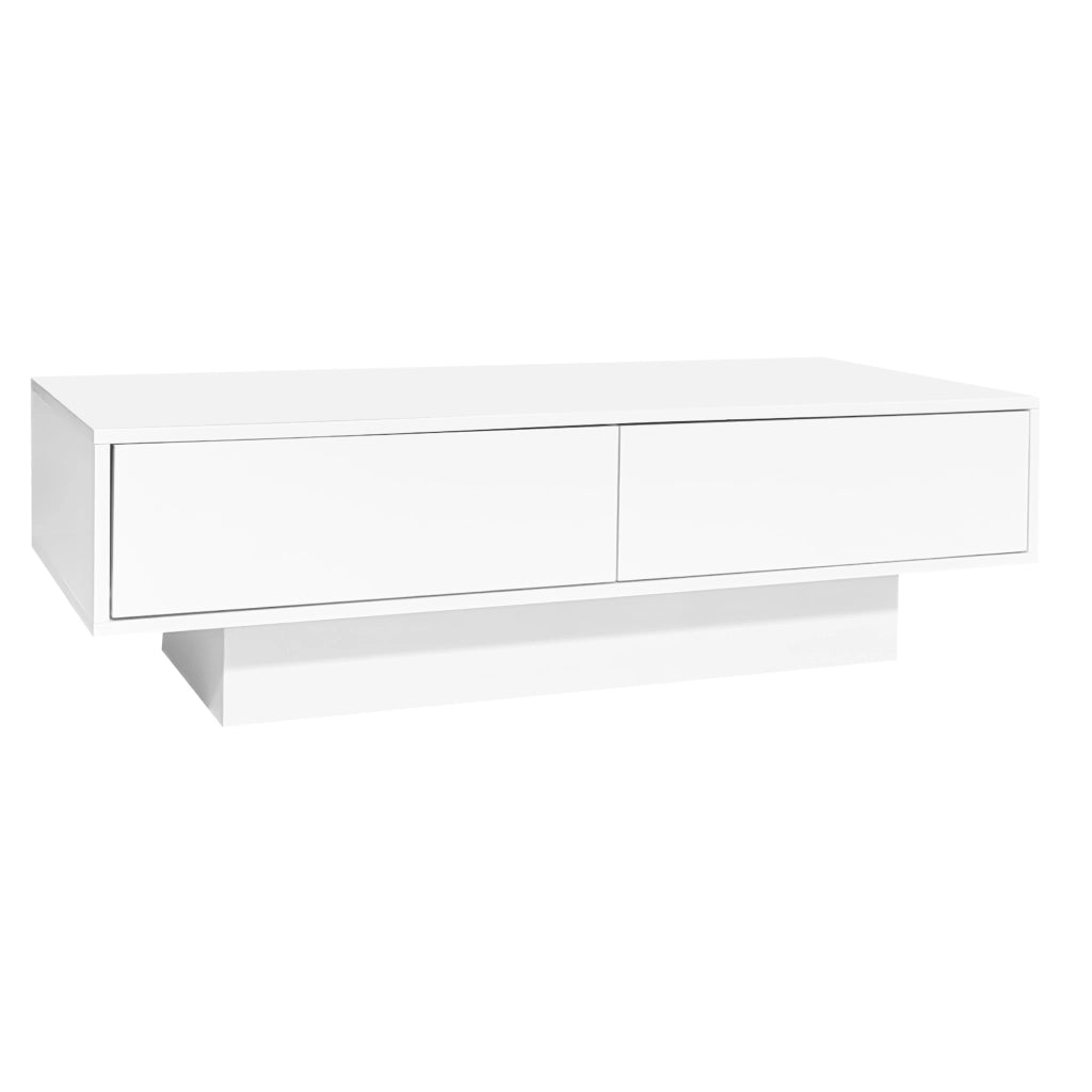 Tavolino da caffè bianco lucido 115 x 55 x 34 cm con 2 cassetti e LED