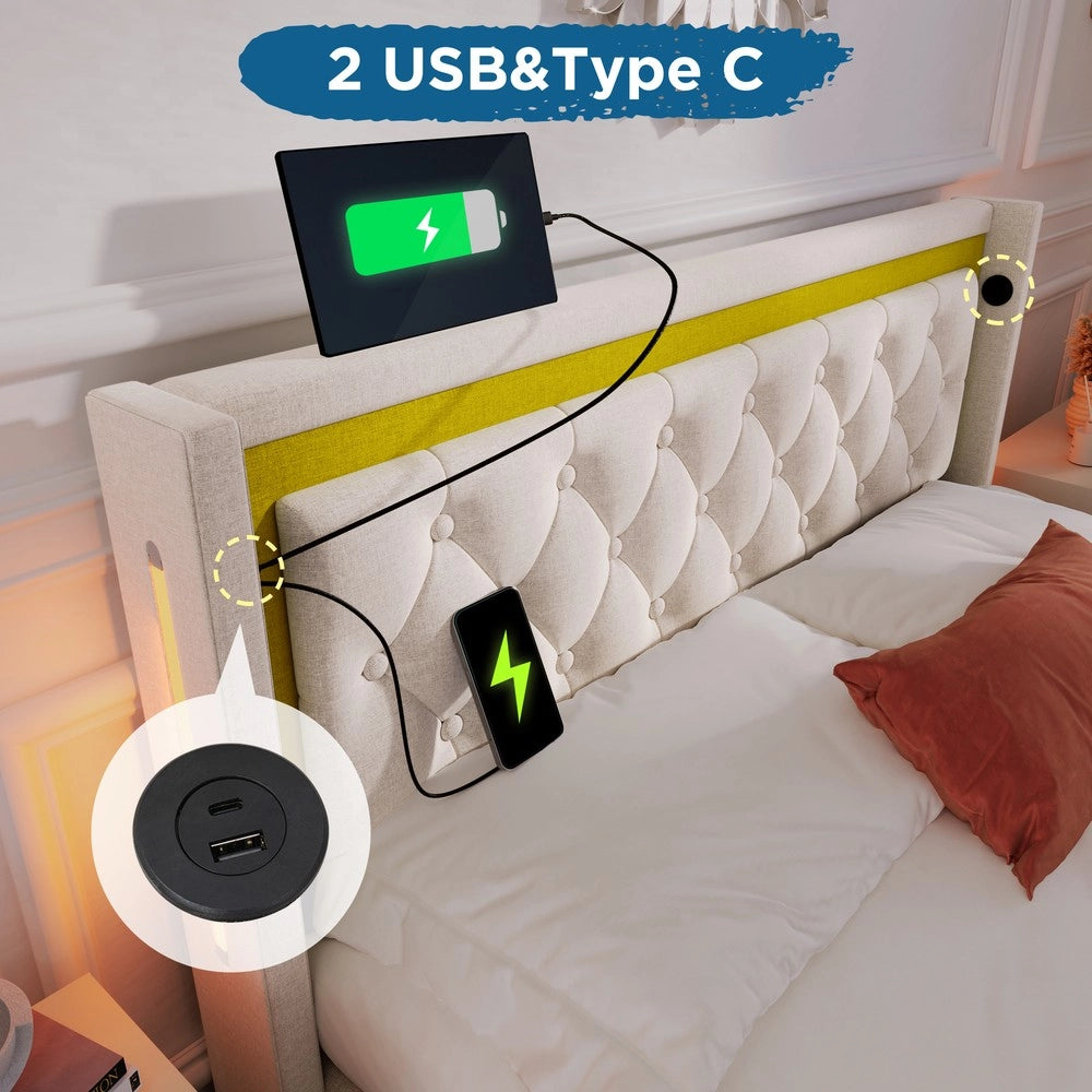 Letto Imbottito Contenitore LED con USB ¨C MINIMAL ¨C Tessuto, 140x200, con materasso