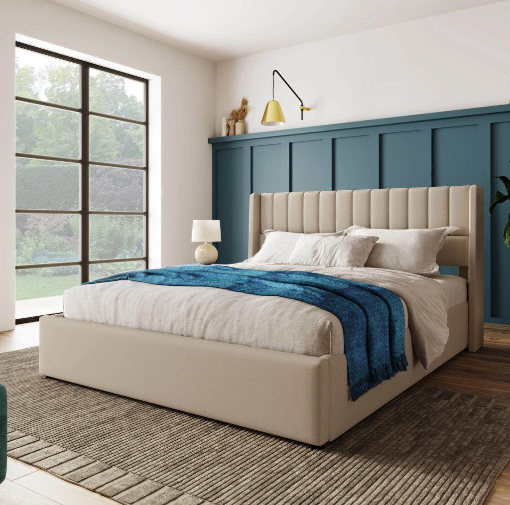 Letto contenitore imbottito 140x200 cm sollevabile in legno beige (Senza materasso)