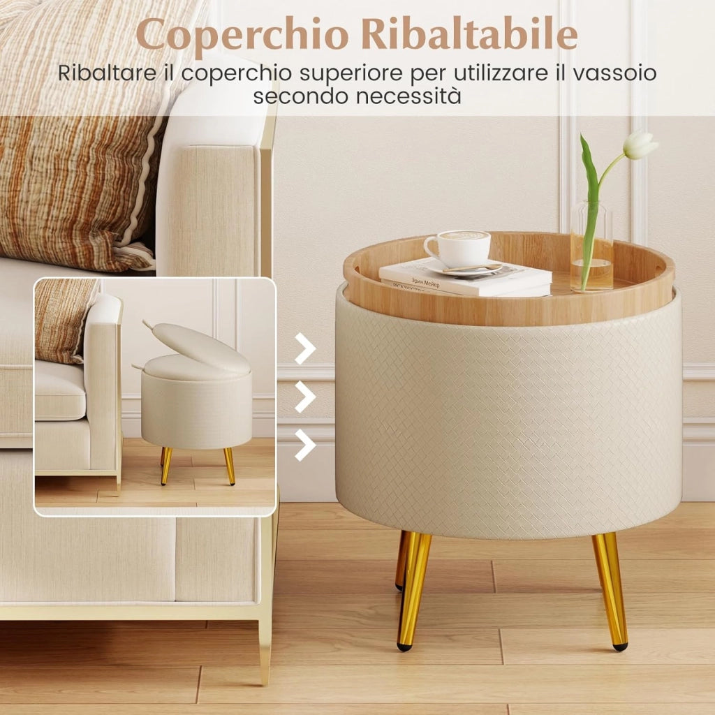 Set di 2 Pouf Contenitori Rotondi 23L + 6L, Ottomano con Vano Portaoggetti e Coperchio Rimovibile, Sgabelli da Trucco Imbottito con Gambe in Metallo, per Ingresso e Salotto