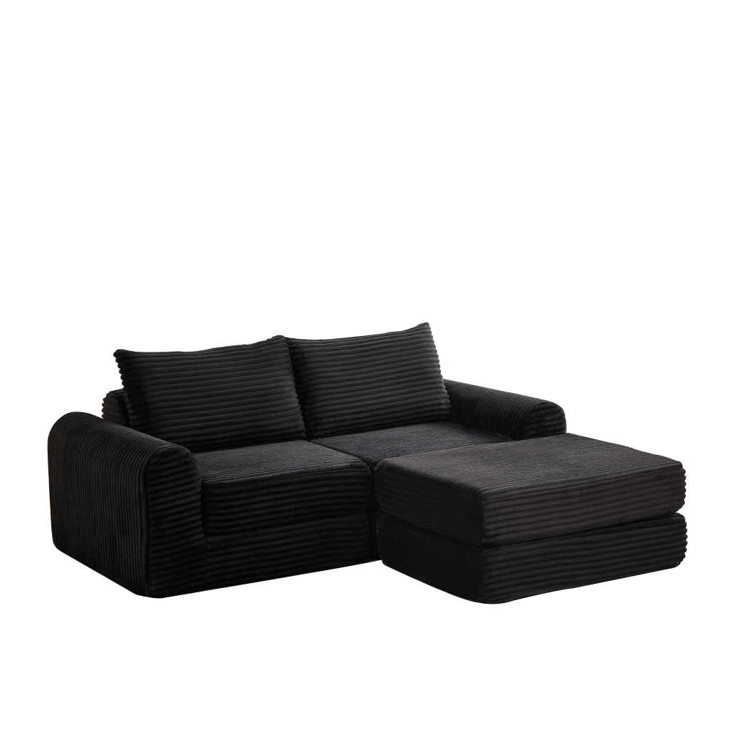 Divano letto modulare con pouf rimovibile e braccioli curvi, configurazione flessibile in velluto a coste nero