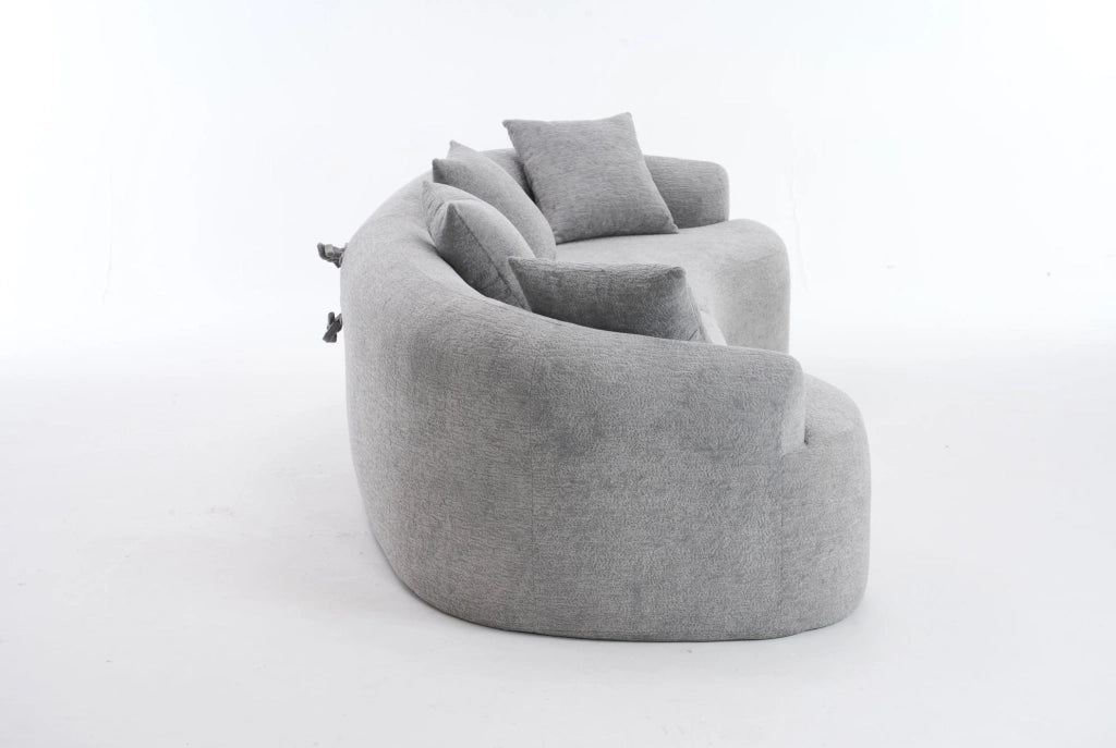 Divano modulare a 4 posti in chenille grigio, design moderno e curvo, senza montaggio