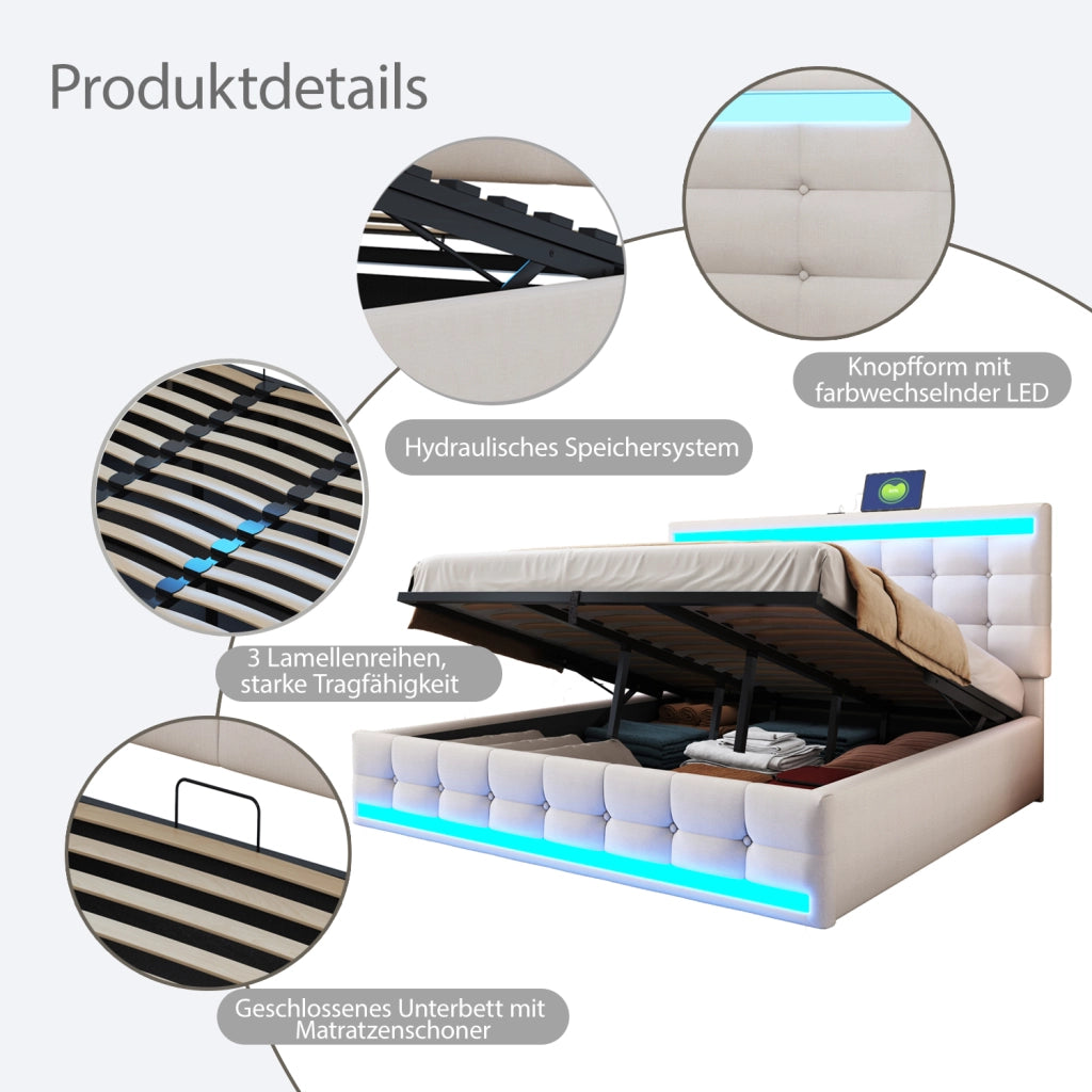 DESMIU Letto Imbottito 180 × 200 cm 2 posti con USB, LED regolabile e testiera regolabile, senza materasso, beige