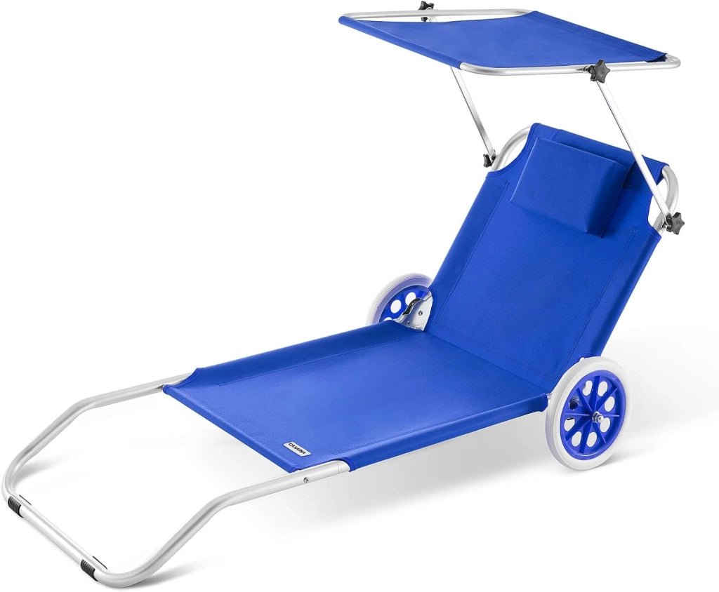 ® Lettino da Spiaggia Kreta Pieghevole Trasportabile 2 Ruote con Cuscino Tettuccio Parasole Sdraio Prendisole