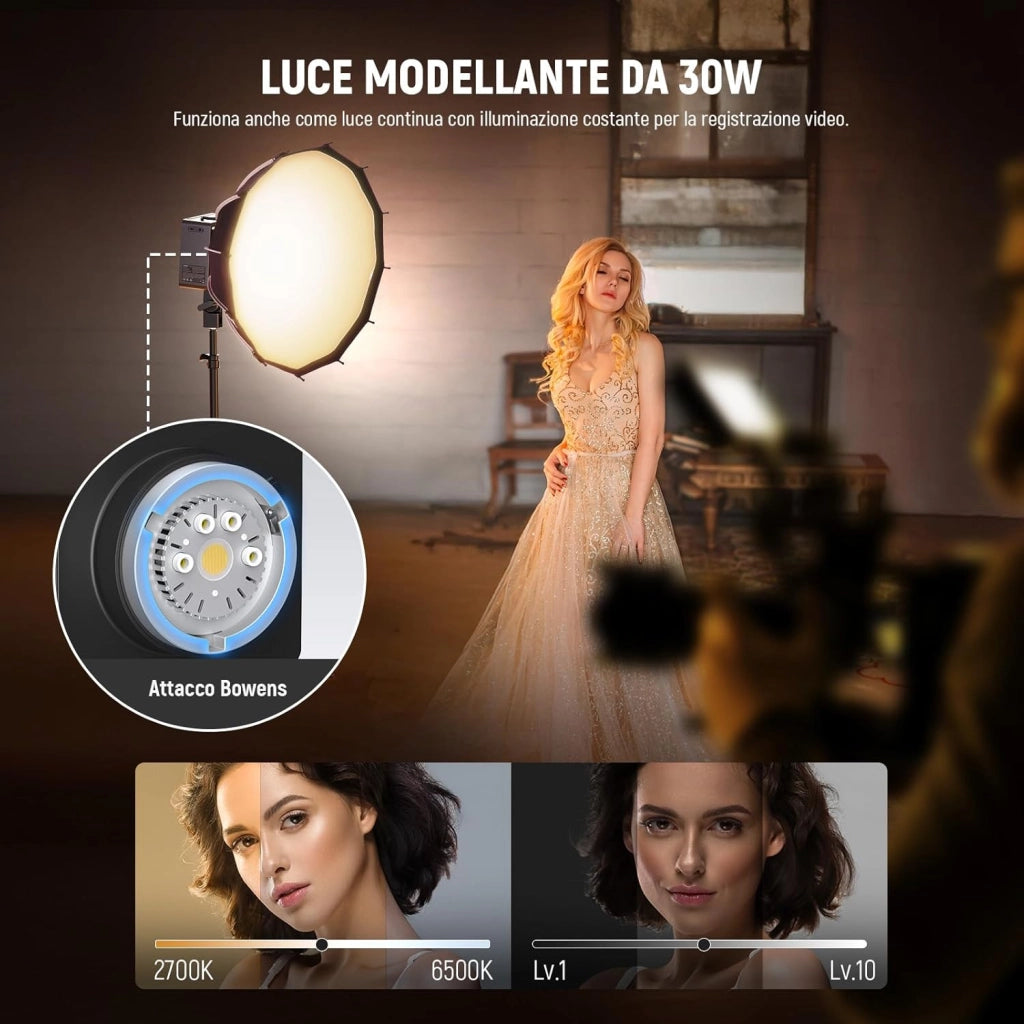 Q6 Flash da Studio Esterno TTL 2.4G 600Ws, Controllo App, 1/1 a 1/512, HSS 1/8000s Batteria 3000mAh, Luce Strobo con Lampada Pilota LED Bicolore 30W/400 Flash a Piena Potenza/Riciclo 0,01-0,9s