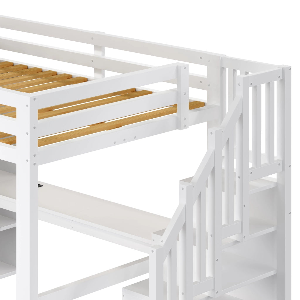 Letto a Soppalco 140x200 cm con Scrivania; Scaffali; Armadio; Scala e LED Bianco
