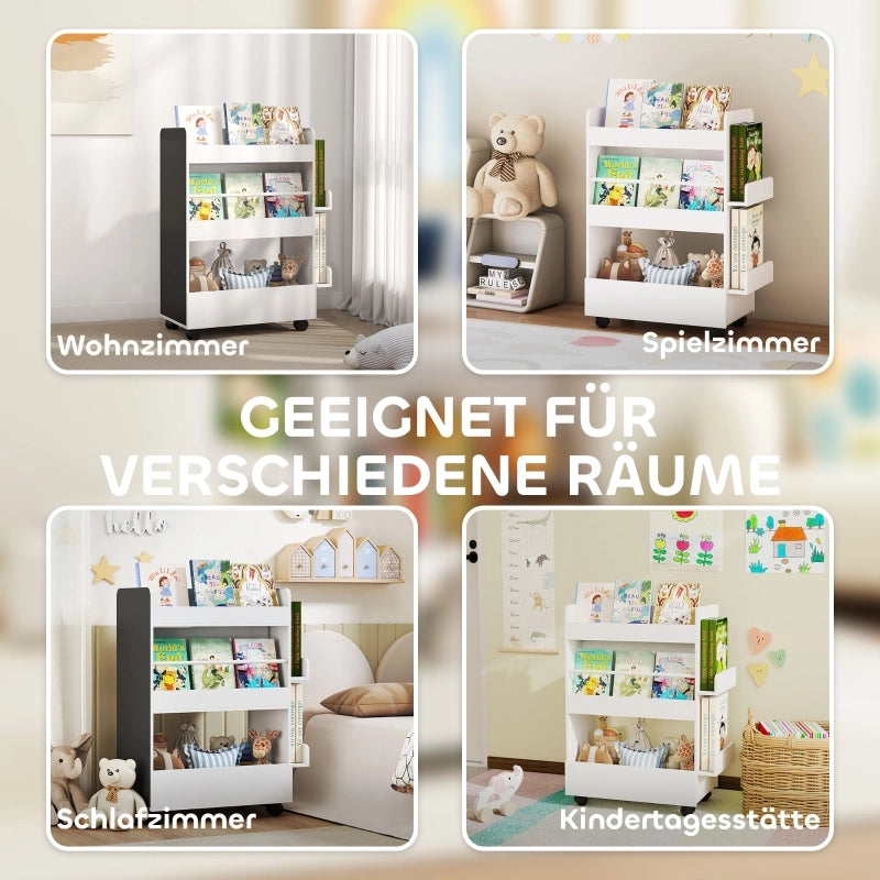 Libreria per bambini con 4 ripiani, scomparto inferiore, 2 pannelli laterali, lavagna, ruote, per bambini dai 3 agli 8 anni, 66,5x32,5x86,5 cm, bianca