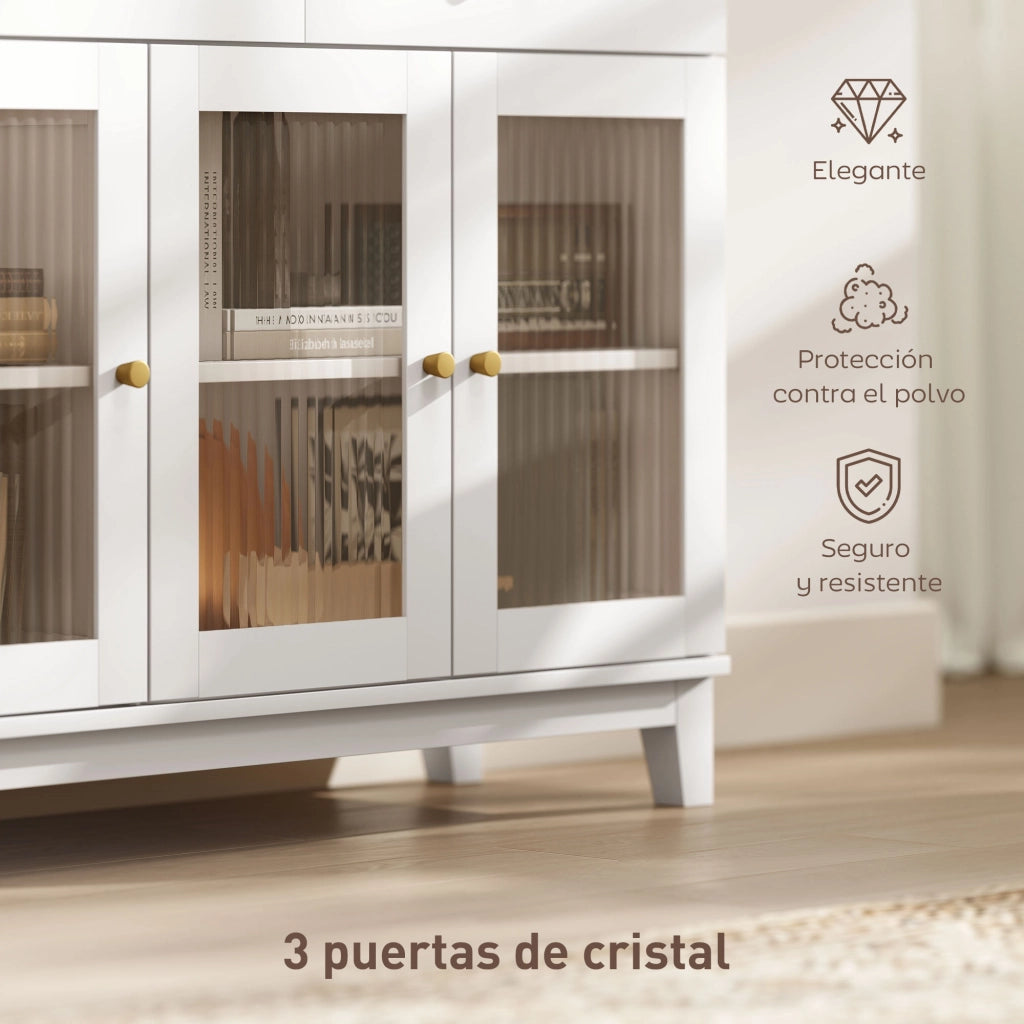 Credenza con 3 ante vetrate 2 cassetti e ripiani regolabili ¨C zephmum ¨C 100x35x80 cm bianco
