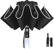 Paraplu opvougbile con illuminazione LED, ombrello a vento contrario resistente, robusto e duraturo, automatico apertura e chiusura, protezione UV, ombrello da viaggio portatile con strisce riflettenti, adatto per giorni di pioggia e di sole.