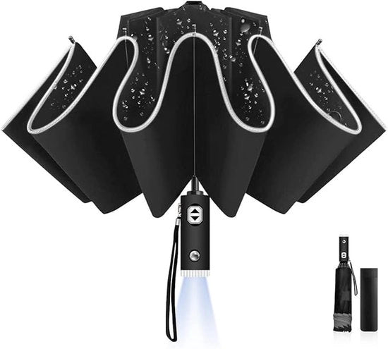 Paraplu opvougbile con illuminazione LED, ombrello a vento contrario resistente, robusto e duraturo, automatico apertura e chiusura, protezione UV, ombrello da viaggio portatile con strisce riflettenti, adatto per giorni di pioggia e di sole.