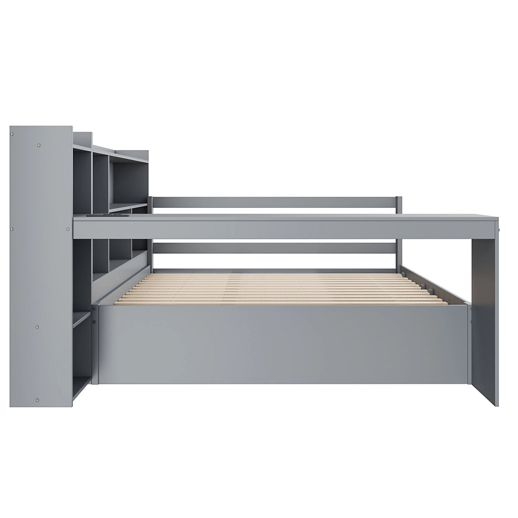 Letto divano 140 × 200 cm con scrivania, scaffali, 2 cassetti, prese USB e contenitore, senza materasso, grigio