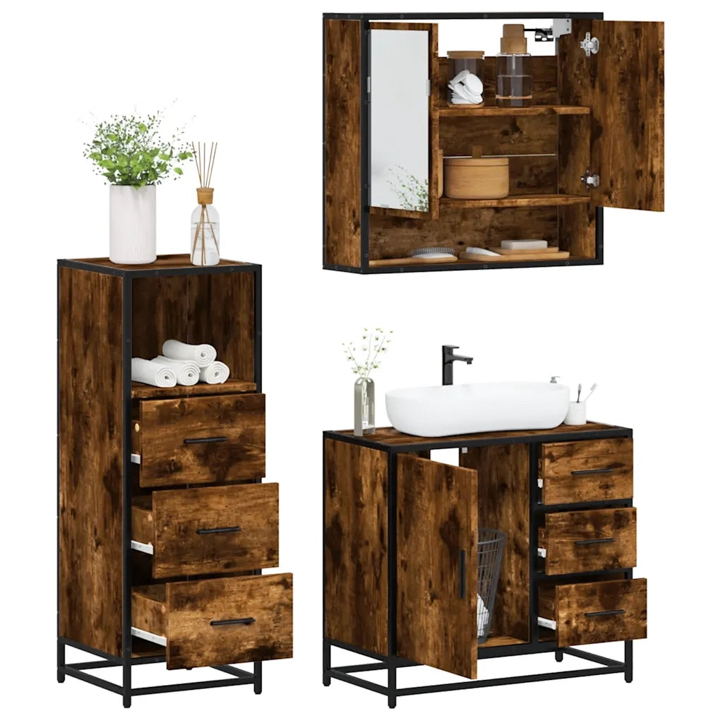 Set Mobili da Bagno 3 pz Rovere Fumo in Legno Multistrato