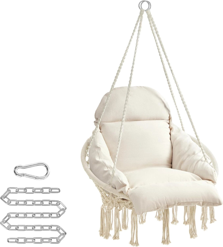 SONGMICS Sedia Altalena, Sedia Amaca, Cuscino Ben Imbottito, Sedia Sospesa Boho, Camera da Letto Balcone Giardino Soggiorno, Regge 120 kg, Accessori Inclusi, Bianco Crema GDC042M01