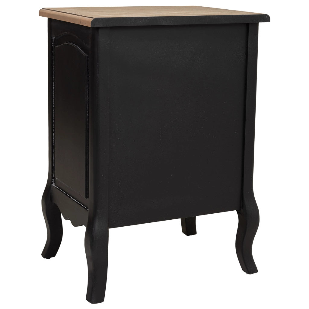 Tavolino in legno laccato nero invecchiato con 3 cassetti 50x40x70