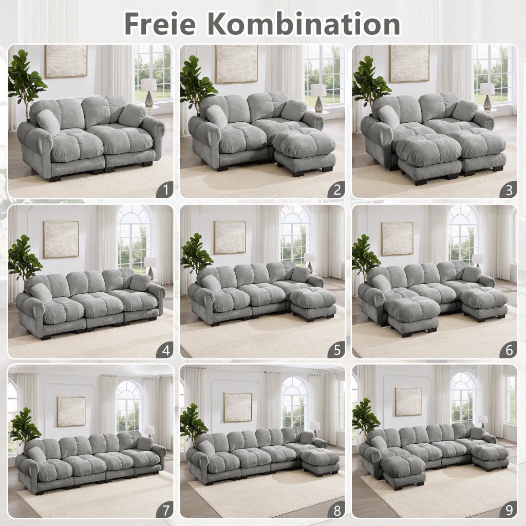 Divano modulare a 2 posti in ciniglia con cuscini trapuntati e schienale ergonomico, per soggiorno, grigio chiaro