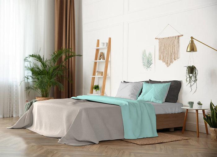 Set Lenzuola 1 Piazza e Mezzo Sopra Sotto e Federe Doubleface Verde Acqua/Grigio Chiaro