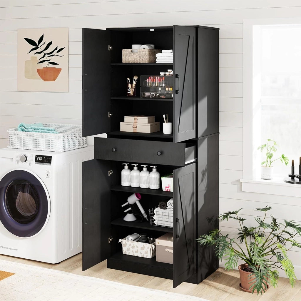 Credenza Alta da Cucina, Mobile Dispensa in Legno con 3 Ripiani Regolabili, 1 Cassette e 4 Ante, Armadio Moderno per Cucina, Soggiorno, Sala da Pranzo, 77 x 39 x 183 cm (Nero)