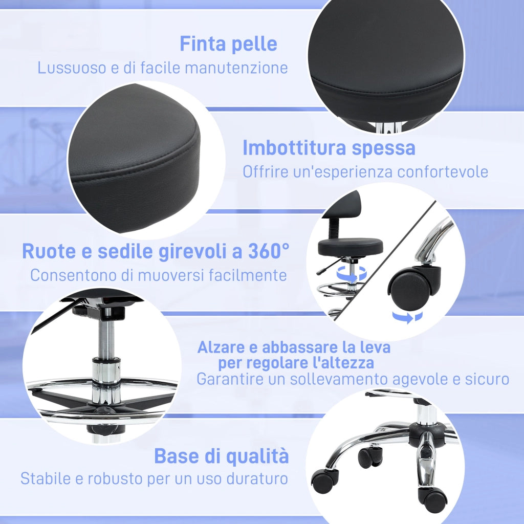 Sedia Girevole 52x52x78-92 cm ad Altezza Regolabile con Poggiapiedi in Acciaio e Finta Pelle Nero