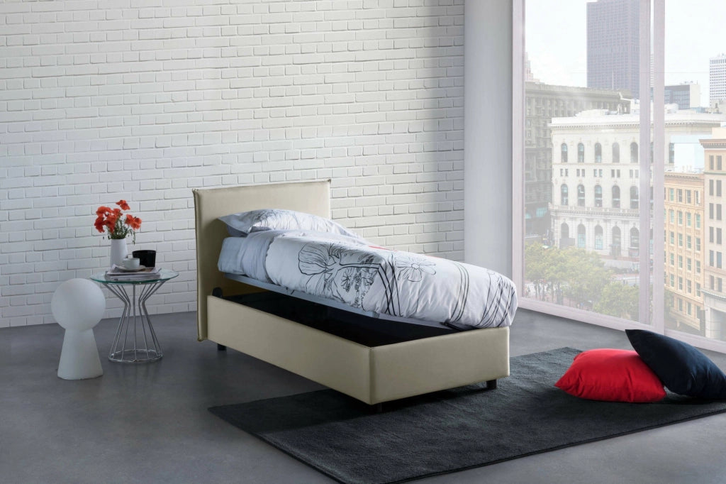 Letto singolo Acuila, Letto contenitore con rivestimento in tessuto, Made in Italy, Apertura laterale, adatto per materasso cm 80x190, Beige