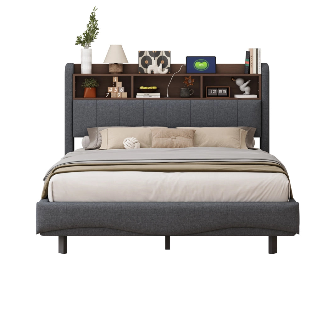 Letto imbottito sospeso 140x200 cm grigio con LED; USB e Type-C
