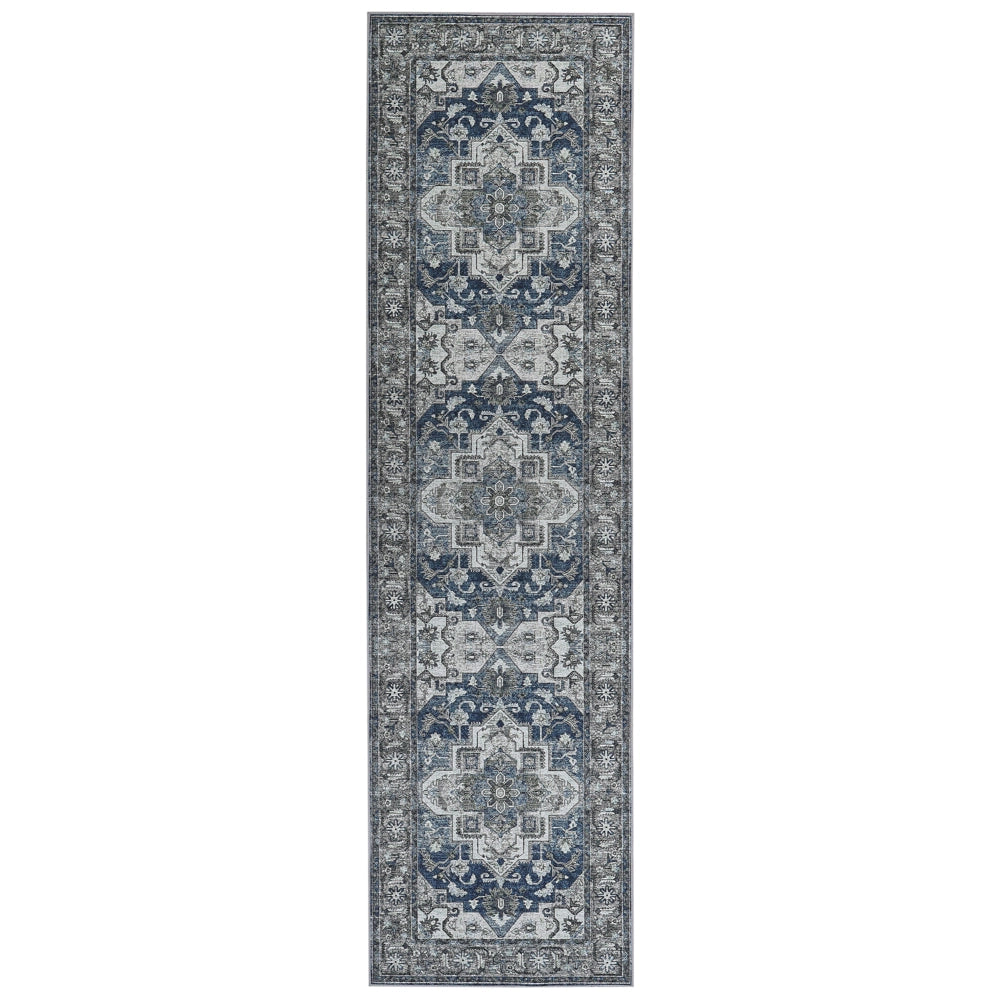 Tappeto passatoia grigio e blu poliestere 80 x 300 cm decorazioni orientali invecchiate per la camera da letto del soggiorno