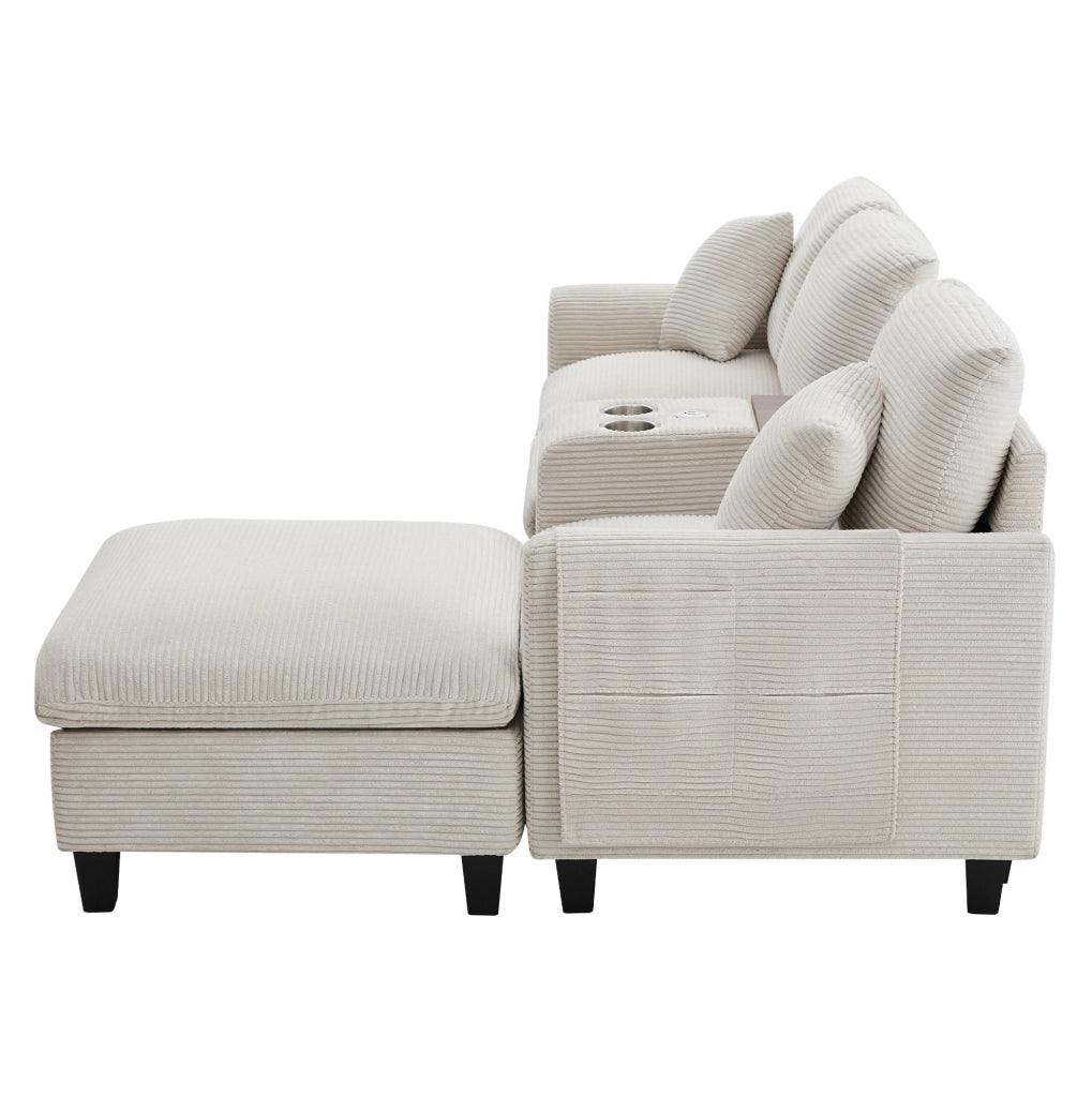 Divano angolare 229x149.5x83 cm con console centrale; porte USB e tasche portaoggetti in corduroy beige