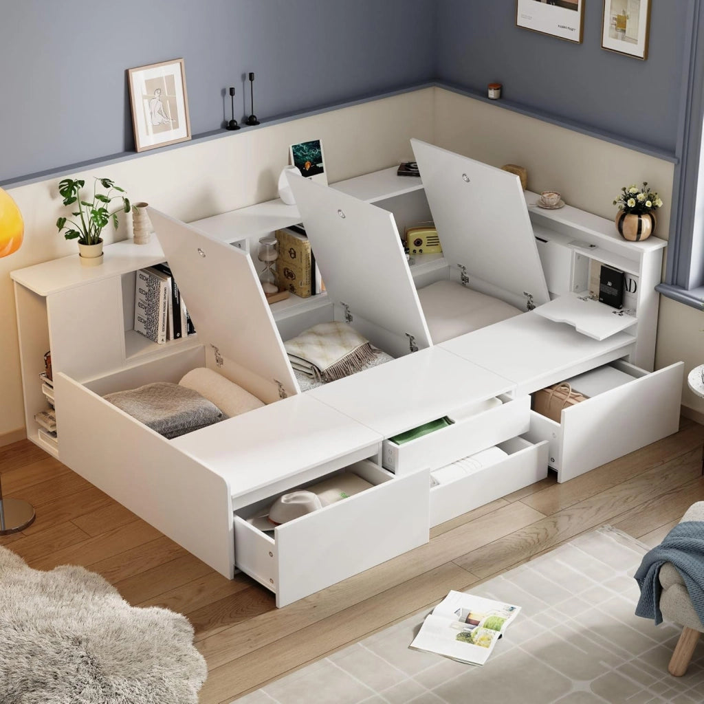 Letto Singolo 90x200 cm con Contenitore Cassetti e Libreria, Letto Multifunzionale per Bambini con Vano Portaoggetti e Rete a Doghe in Legno, Rete con 3 Contenitore, Bianco, Senza Materasso