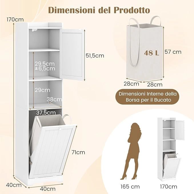Mobile da Bagno, Armadietto Alto in Legno con Ripiano Regolabile, Cestino per Portabiancheria con Maniglie e Mensola Aperta, 40 × 40 × 170 cm, per Bagno e Cucina (Bianco)
