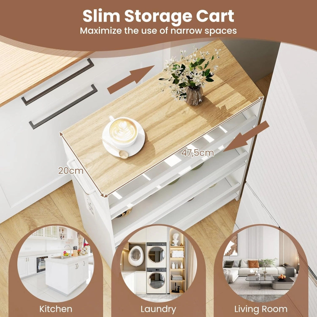 Scaffale per Nicchia da 20 cm di Larghezza, con Base di Ricarica, 4 Piani in Legno su Ruote, Scaffale Sottile per Cucina e Bagno, Carrello a Rotelle (Naturale+Bianco, Largo 20cm, con presa)