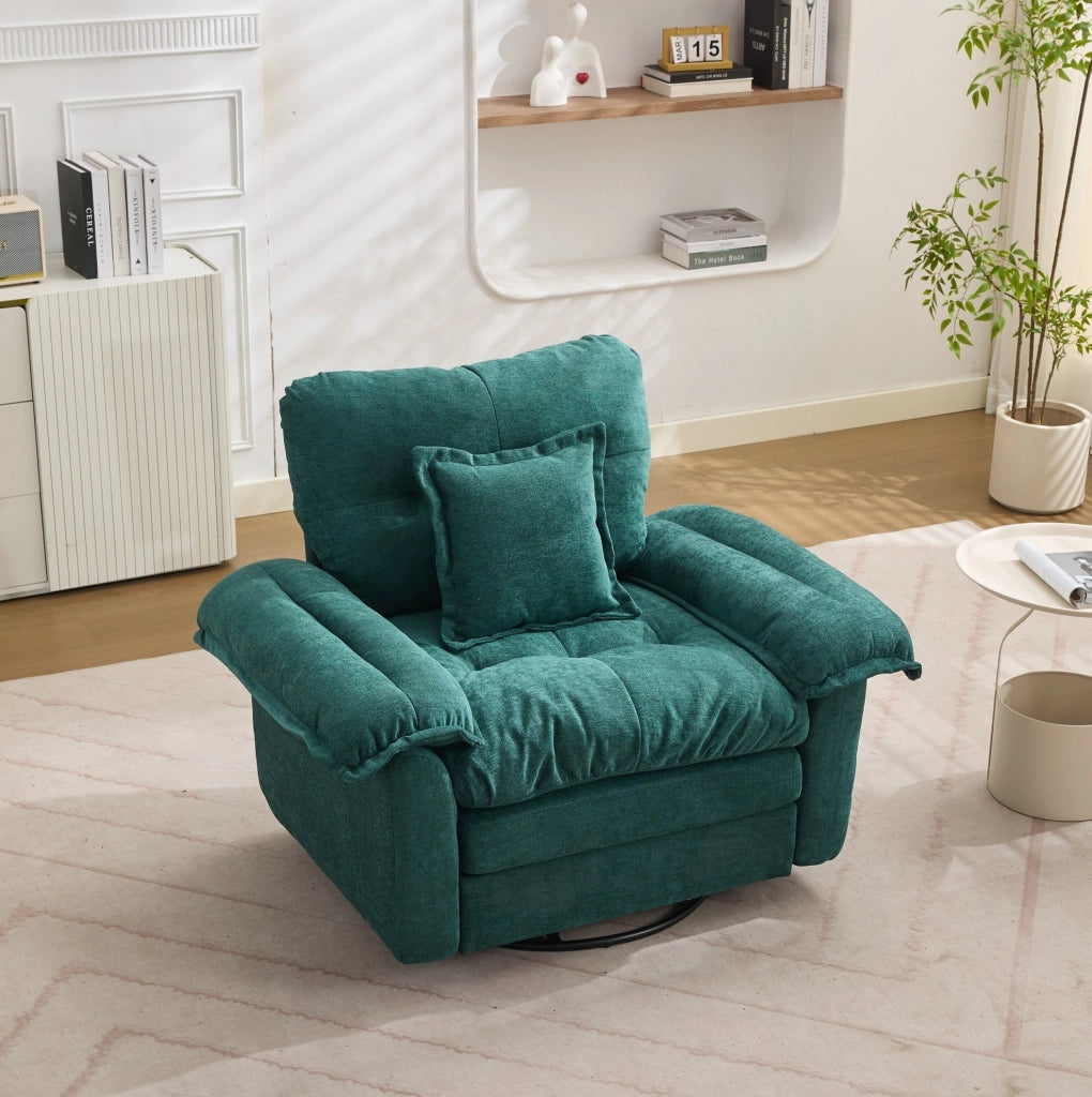 Poltrona girevole 360° oversize in ciniglia verde con cuscino di supporto HOMVRA