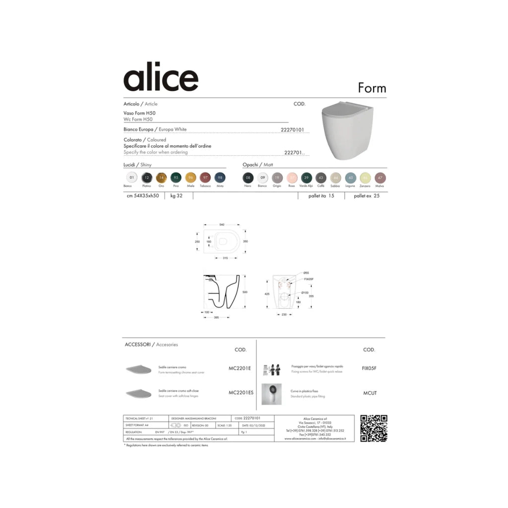 Coppia Di Sanitari Alice Ceramica Da Terra Filo Muro Senza Brida Bianco Lucido "Form"