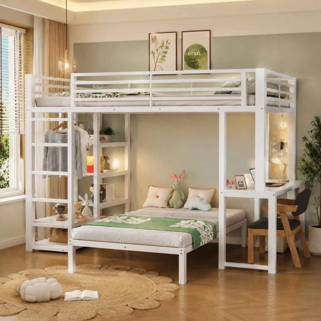 Letto a soppalco 90 x 200 cm con scrivania e scaffali bianco