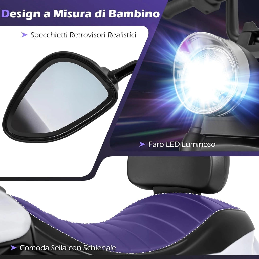 Moto Elettrica per Bambini, 6V Moto Cavalcabile con 2 Ruote di Supporto, Pedale, Fari e Musica, 2,4 km/h, per Bambini 3 Anni+, 79x58x56 cm (Bianco)