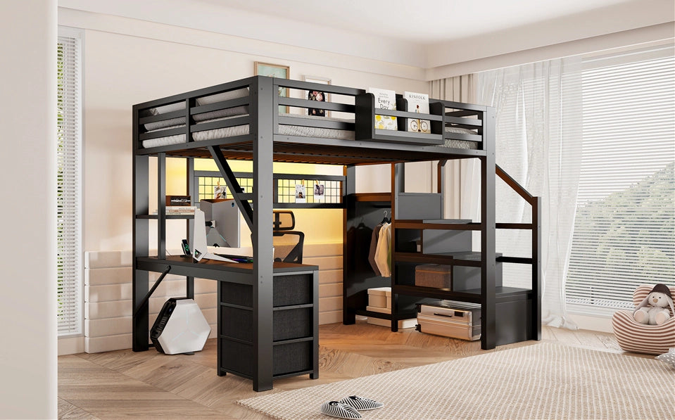 Letto a soppalco ULEVR 140x200 cm con scrivania, armadio, 3 cassetti e LED Bluetooth, nero