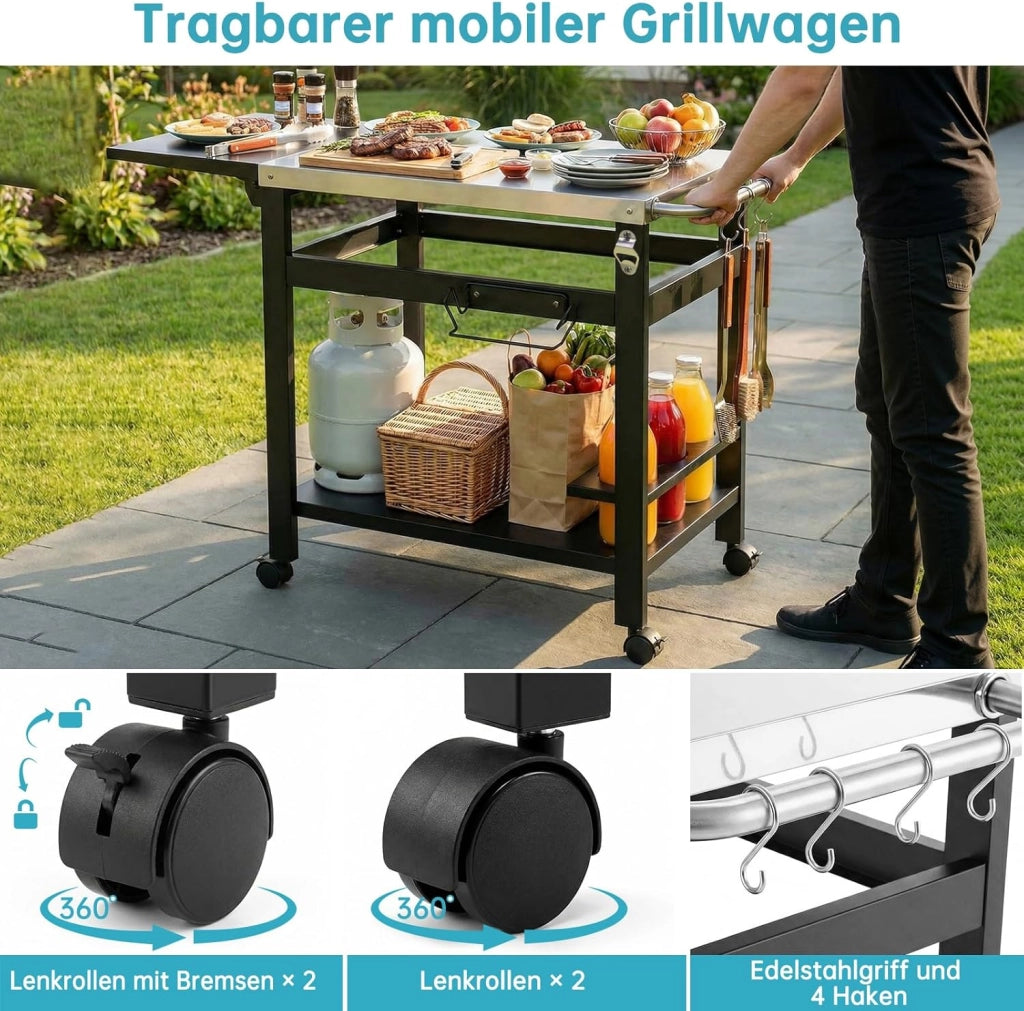 Carrello Barbecue per Esterni,Carrello da Pranzo Multifunzionale con Tavolo Laterale Pieghevole,Tavolo per Grigliare con Piano in Acciaio Inox,4 Ruote,Ganci e Portabottiglie,116x48.5x80.5 cm