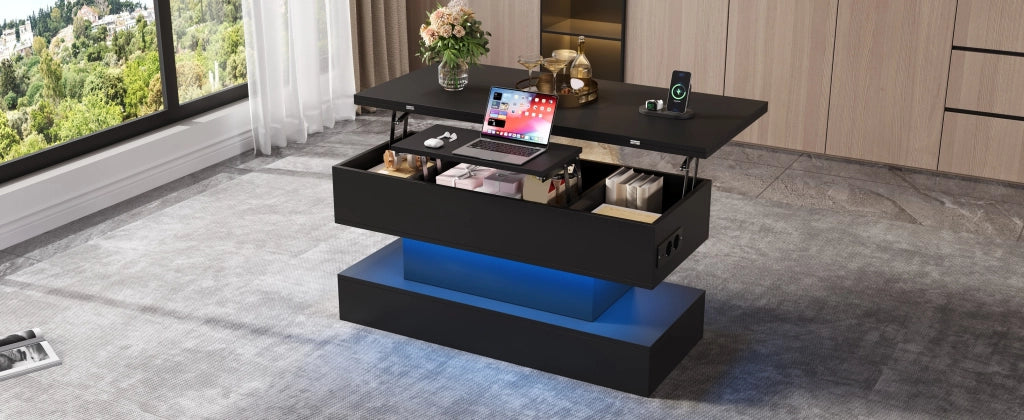 Tavolino basso sollevabile con luce LED, presa integrata e vano contenitore nascosto, per soggiorno, 100 × 50 × 51,5 cm