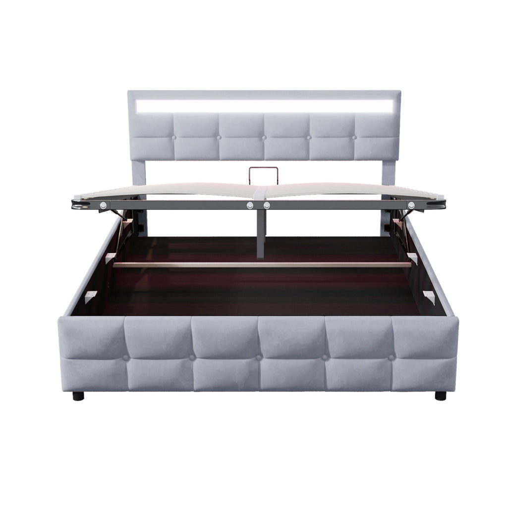 LETTO Imbottito 180x200 cm con LED, Sollevamento Idraulico, Velluto Grigio