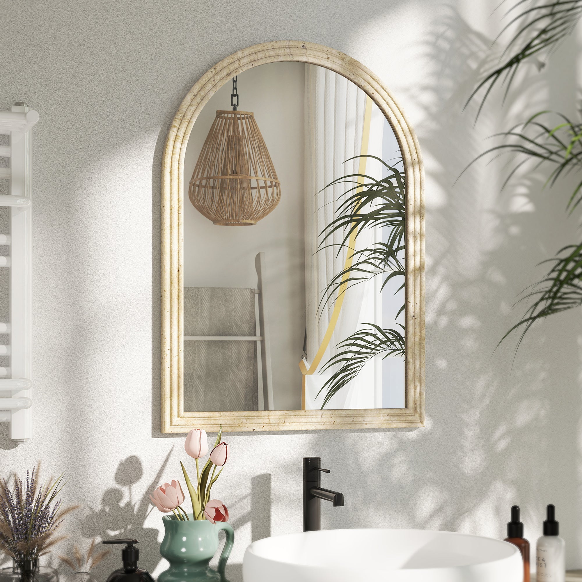 Specchio da Parete ad Arco 60x2x90 cm Cornice Effetto Pietra in Polistirene Beige