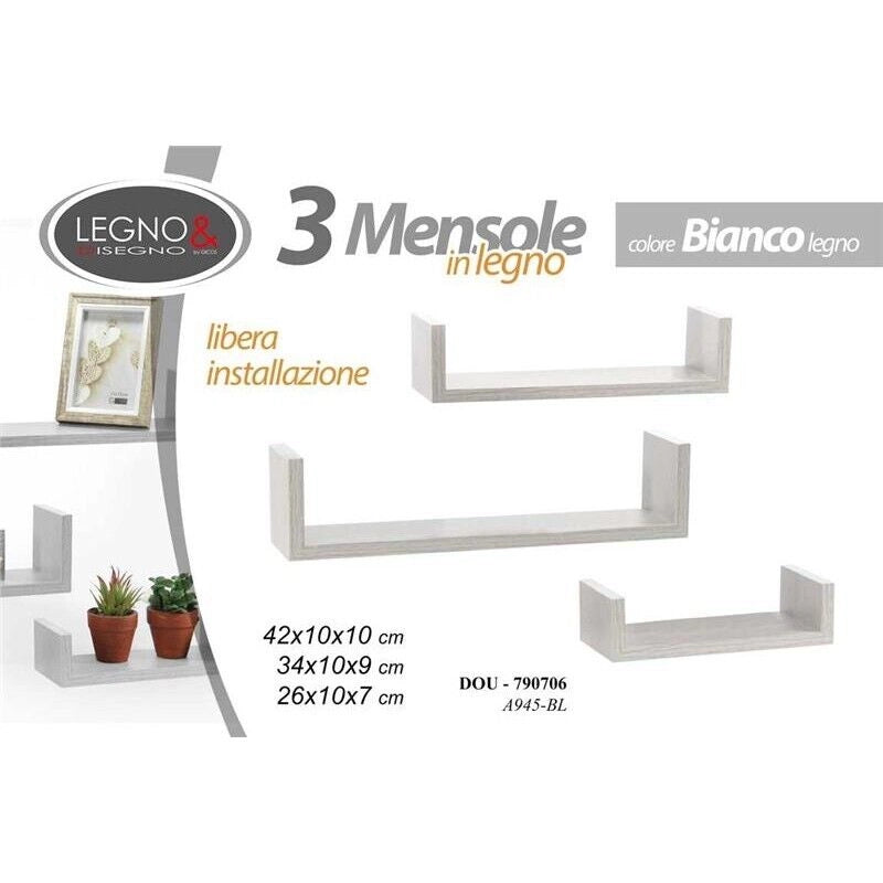SET 3 MENSOLE LINEARI IN DIFFERENTI DIMENSIONI CON FINITURA BIANCO EFFETTO LEGNO