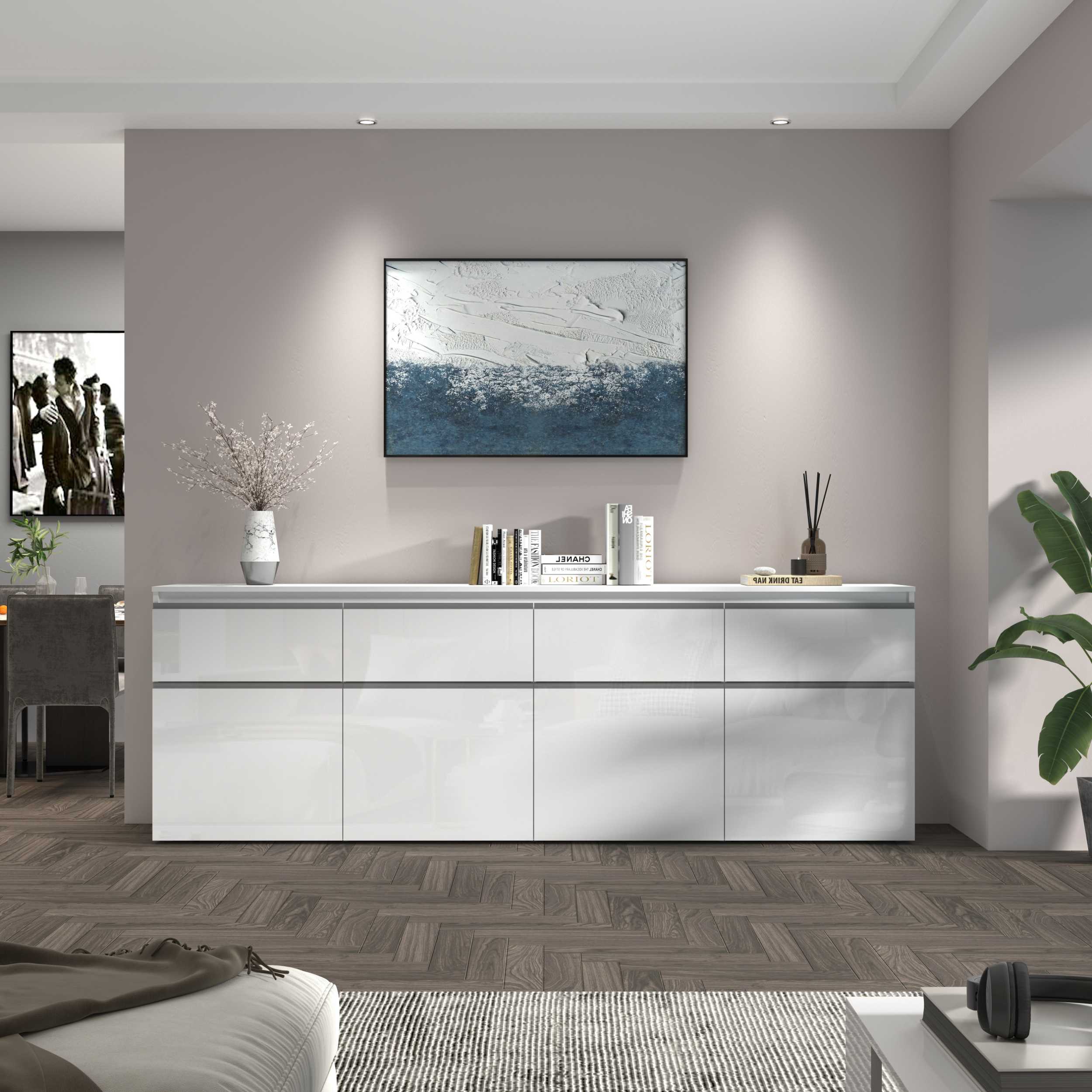 Credenza a cassettiera Magic 4 ante e 4 cassetti bianco lucido 240x40x80 cm