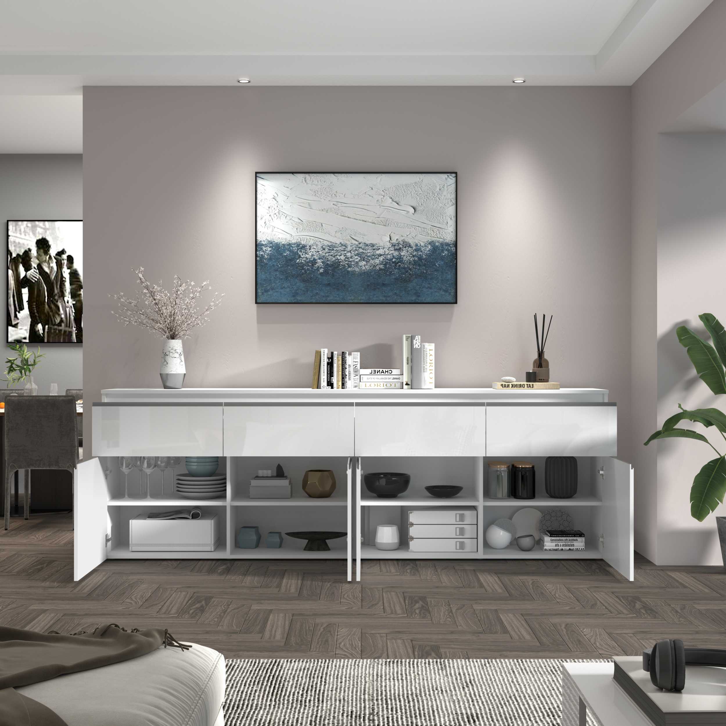 Credenza a cassettiera Magic 4 ante e 4 cassetti bianco lucido 240x40x80 cm