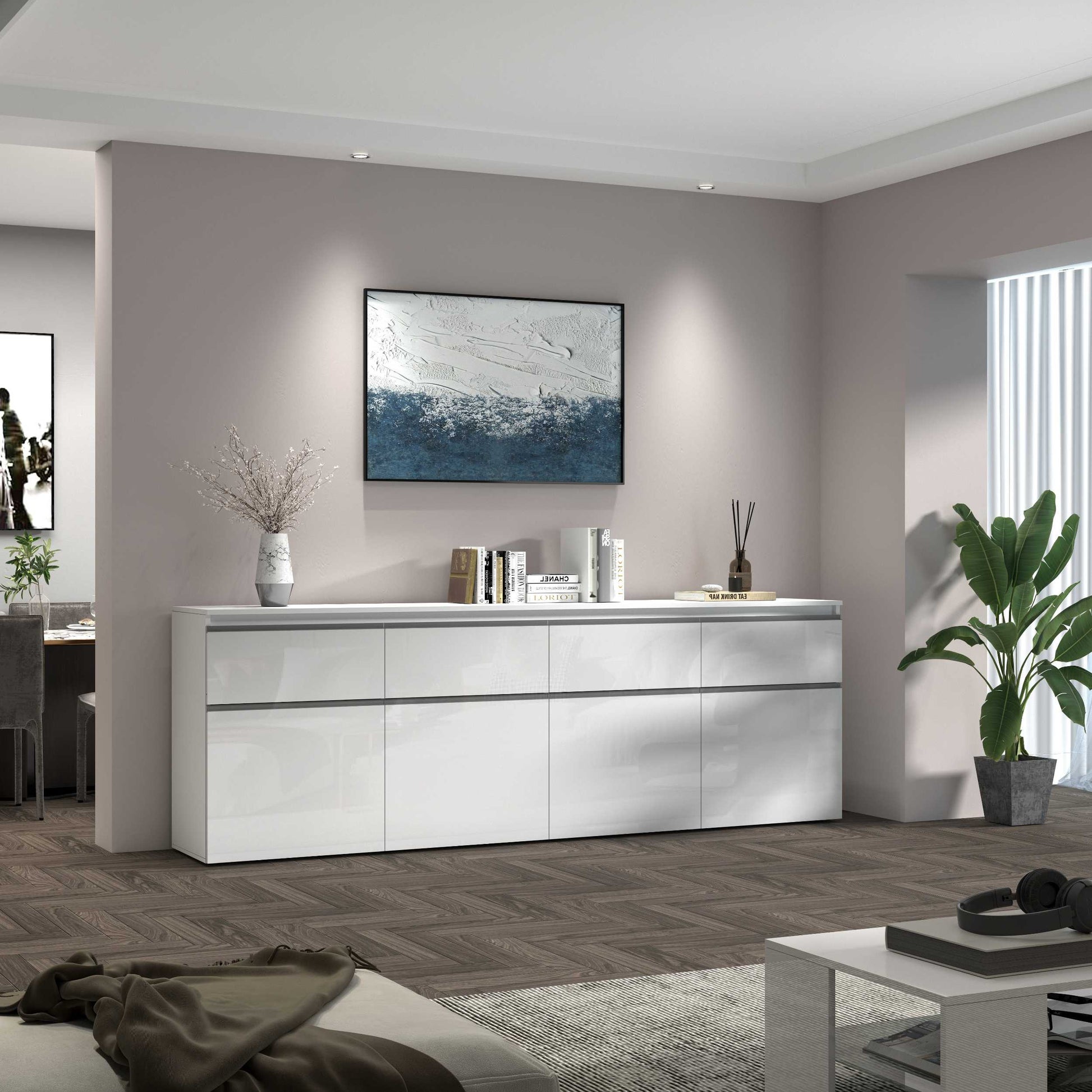 Credenza a cassettiera Magic 4 ante e 4 cassetti bianco lucido 240x40x80 cm