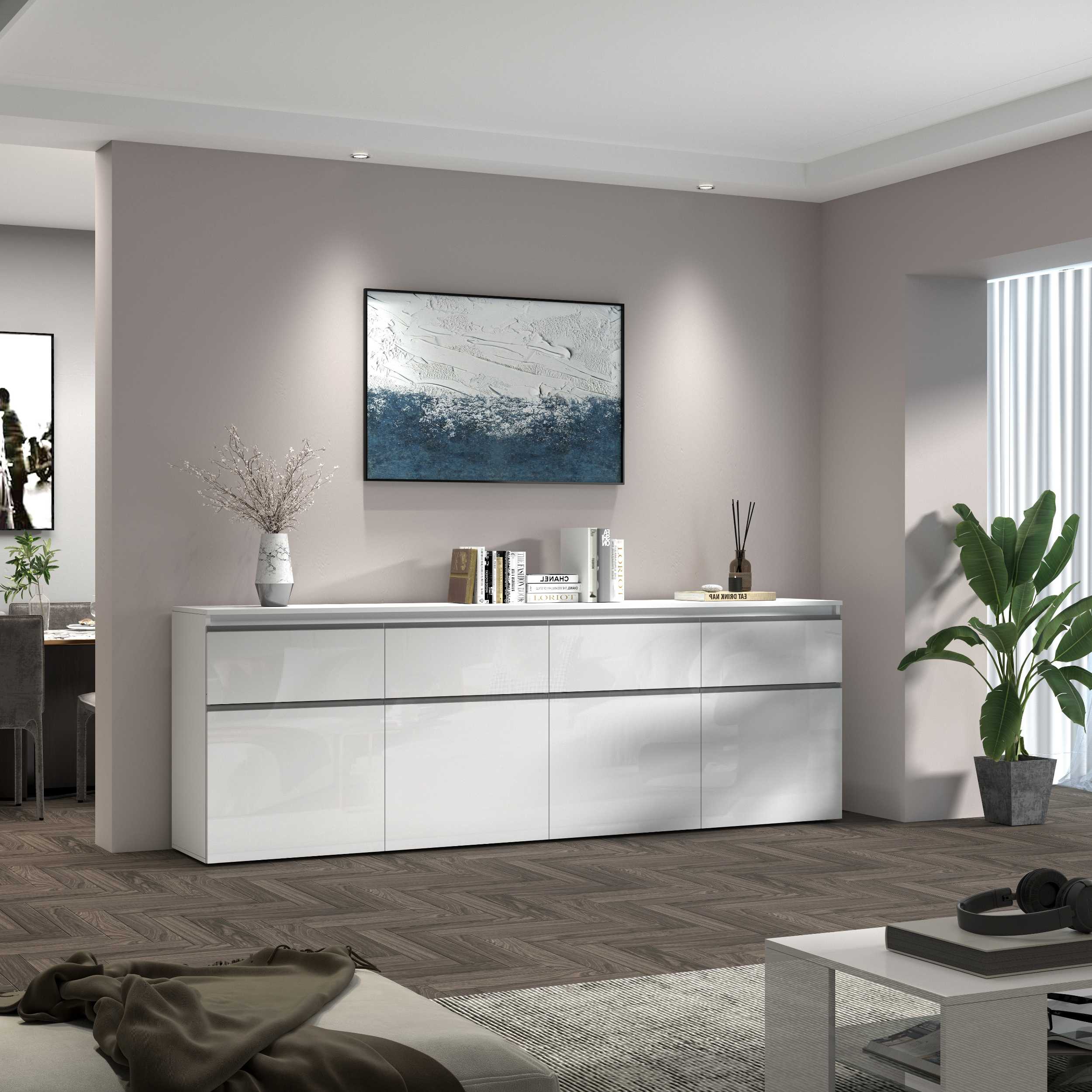 Credenza a cassettiera Magic 4 ante e 4 cassetti bianco lucido 240x40x80 cm